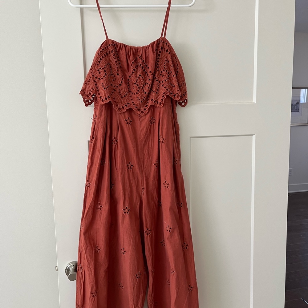 American Eagle Embroidered Cropped Ruffle Wide Leg Romper Spaghetti Strap M Rust
